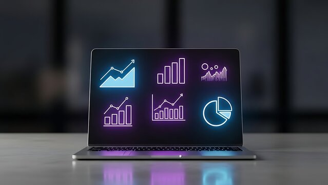Laptop displaying various financial charts and graphs - stock media.