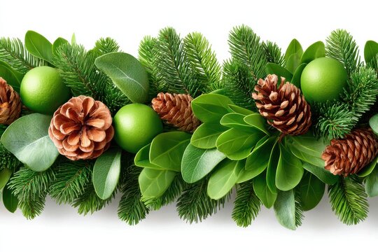Festive green garland with pinecones, evergreen branches, and vibrant leaves for holiday decor - Powered by Adobe