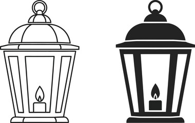Two vintage lanterns in and filled styles on — Outline, silhouette, and on transparent background. EPS 10.