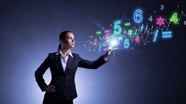 Businesswoman interacting with glowing numbers and financial figures.