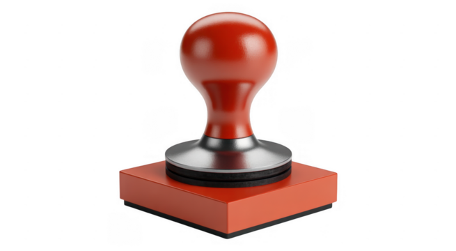 Red rubber stamp with silver metal base and black rubber ring isolated on a transparent background