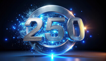 Silver metallic number 250 with glowing blue sparks and circular frame on dark background