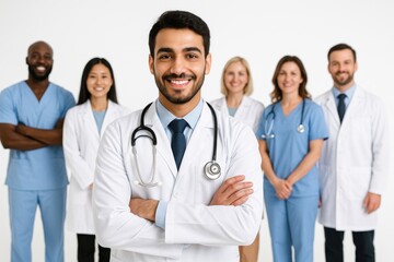Young Arab doctor in white coat with stethoscope standing before diverse medical team in studio