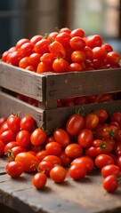 Fresh cherry tomatoes overflowing from a rustic wooden crate on a weathered table top surface