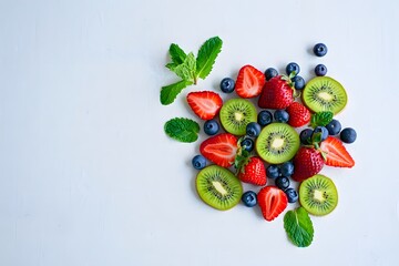 Fresh fruit assortment with strawberries, blueberries, kiwi, and mint leaves scattered