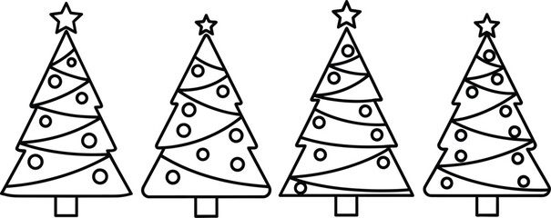 Four simple christmas trees in a row on — Outline, silhouette, and on transparent background. EPS 10.