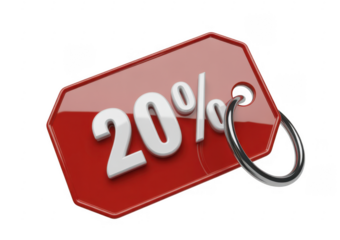 Red tag with white 20 percent discount symbol and metal ring isolated on a transparent background