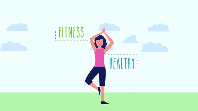 Woman in tree pose with fitness  healthy text on green grass under a light blue sky with clouds. Flat graphic animated cartoon