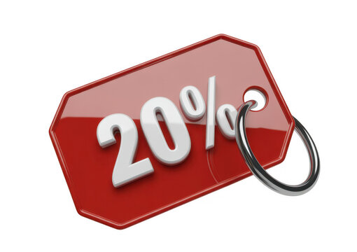 Red tag with white 20 percent discount symbol and metal ring isolated on a transparent background
