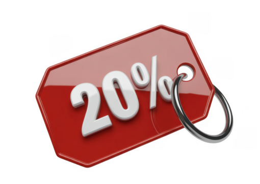 Red tag with white 20 percent discount symbol and metal ring isolated on a transparent background