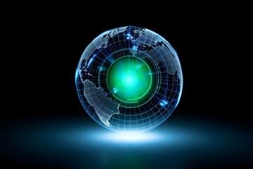Glowing earth globe with digital grid and green core radiating energy outwards in the dark