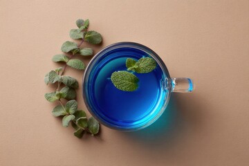Vibrant Blue Herbal Tea in Glass Cup with Mint Leaves on Brown Surface