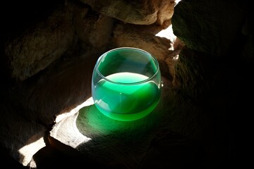 Glowing green liquid in glass with light and shadow on stone background scene view