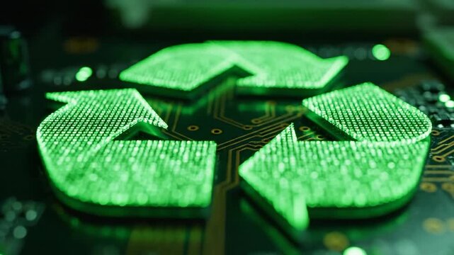Digital recycling symbol glowing green on circuit board representing sustainable technology