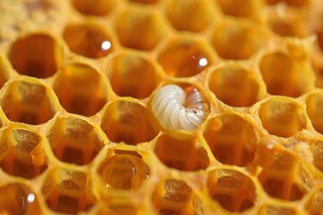 Honeycomb with larva in cell close up macro view showing honeybee development stage