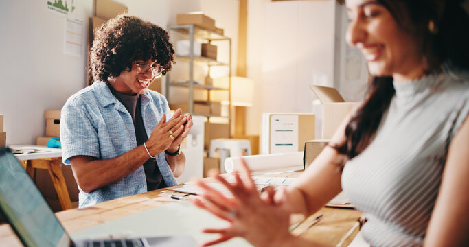 People, small business and smile with meeting for shipping, documents or discussion in startup. Laptop, supply chain and employees with process for package, order details or delivery distribution