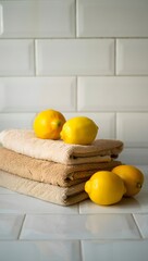 Lemons on towels against a white tiled background in a bright and clean environment