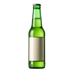 Green glass bottle with blank label and condensation for beverage mock up design