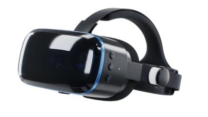 Modern black virtual reality headset device for futuristic gaming and digital technology experiences. isolated PNG with Transparent Background