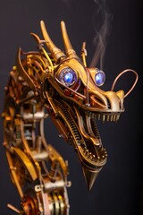 Mechanical dragon head with glowing eyes and intricate details in steampunk style design