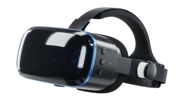 Modern black virtual reality headset device for futuristic gaming and digital technology experiences. isolated PNG with Transparent Background