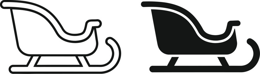 Two sleigh icons a line drawing and a solid fill on &mdash; Outline, silhouette, and on transparent background. EPS 10.