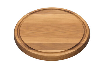 Round wooden cutting board with juice groove and wood grain texture isolated on a transparent background