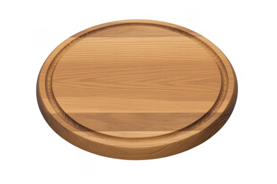 Round wooden cutting board with juice groove and wood grain texture isolated on a transparent background - Powered by Adobe