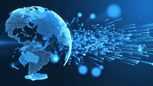 Dynamic digital globe spinning with glowing data streams, perfect for tech startups or global business presentations, conveying innovation and connectivity - Powered by Adobe