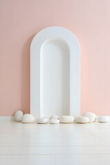 Minimalist scene with arch and stones against a pastel pink wall, perfect for products