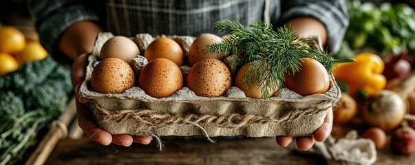 Fresh eggs in a carton with dill and parsley, held by hands in a rustic kitchen