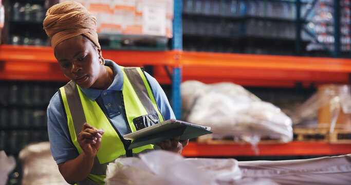 Supply chain, tablet and black woman in warehouse, counting and email for shipping schedule. African person, tech or inspection in factory, quality control and stock with app for inventory management