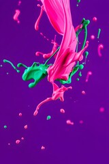 Paint splash of vibrant colors against a purple backdrop creating a dynamic effect