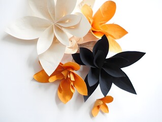 Paper flowers in orange black and white colors on a white background studio shot 92 char