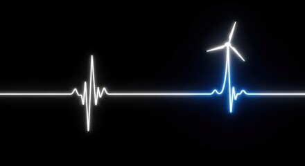 Neon heartbeat line wind turbine renewable energy concept on black