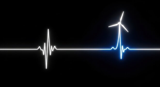 Neon heartbeat line wind turbine renewable energy concept on black