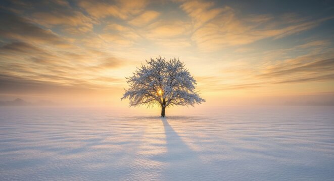 Lonely snow covered tree in a winter field during a golden sunset - Powered by Adobe