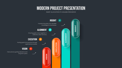 Advertising Strategy 4 Element Diagram Slide Design. Corporate Portfolio Four Step Infographic Presentation Layout. Marketing Development Frame Template Vector Illustration.