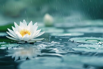A serene scene of a white lotus flower blooming on a calm lake, surrounded by lush green lily pads and the soft glow of rain falling gently on the water's surface.