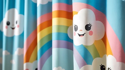 Cute cartoon rainbow and smiling clouds design on blue background, perfect for children's room decor