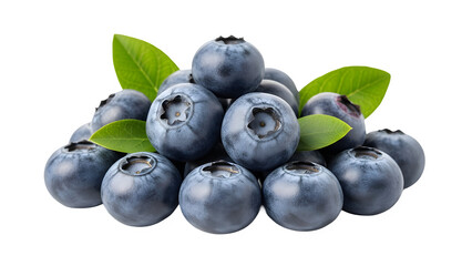 Pile of fresh blueberries with leaves isolated on transparent background
