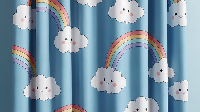 Cute cartoon rainbow and clouds seamless pattern on blue background, ideal for children's decor.