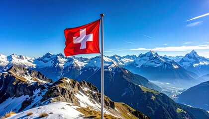 The Swiss flag with white cross flying in front of snow-capped mountains under a clear blue sky.