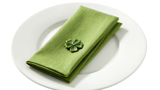 Green napkin with clover decoration on white plate for festive dining table setting