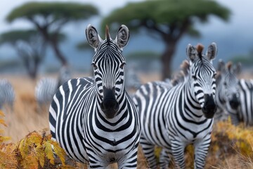 Naklejka premium a large herd of zebras and other animals on the african plains, surrounded by clouds