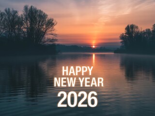 Serene sunset over calm water reflecting the golden glow of a new year 2026 celebration