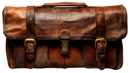 A worn brown leather satchel with brass buckles and a central clasp on a black background