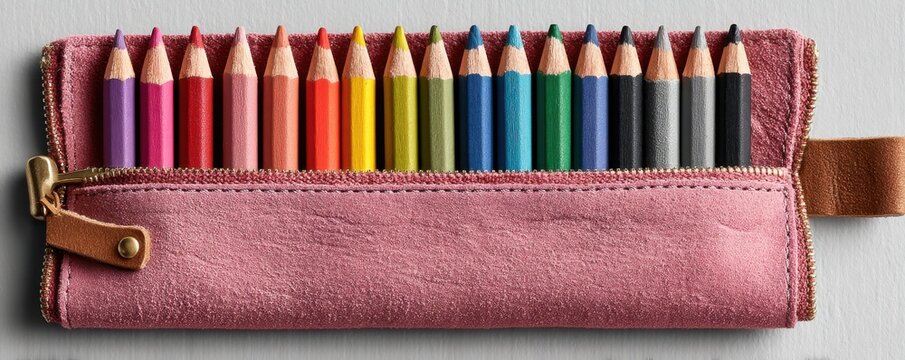 Pink pencil pouch with a rainbow set of colored pencils for art, school, and creativity