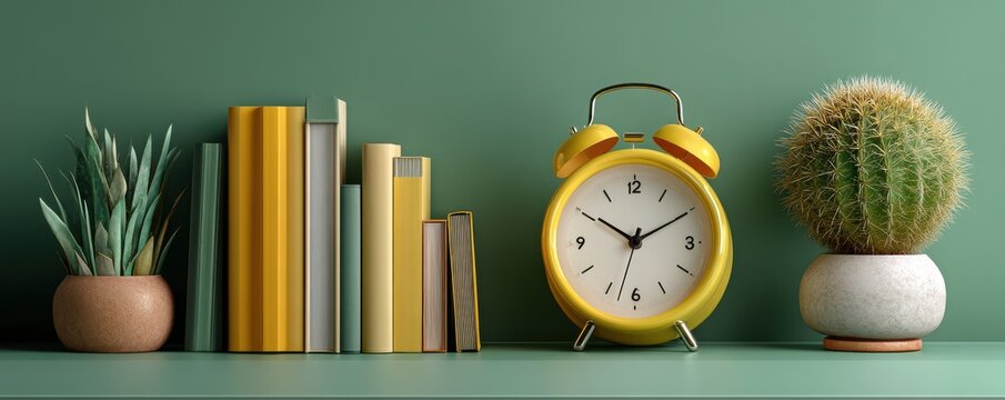 Bright yellow alarm clock beside green books and potted plants on a mint shelf