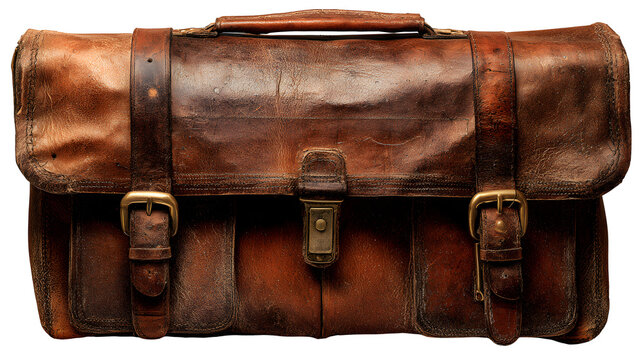 A worn brown leather satchel with brass buckles and a central clasp on a black background